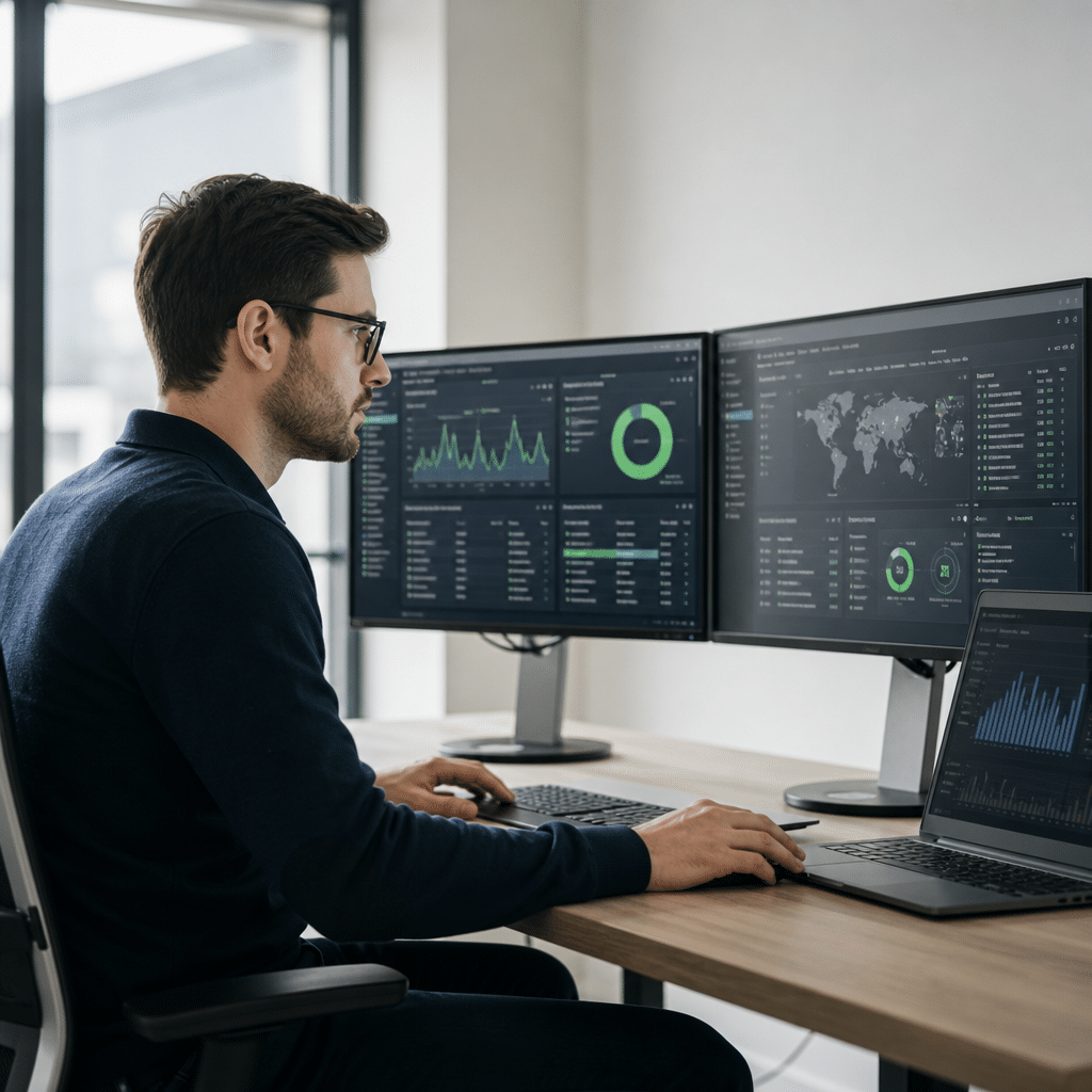 Technicien informatique concentré devant plusieurs écrans dans un bureau de PME, consultant des tableaux de bord de sécurité, lumière naturelle, environnement propre et professionnel.