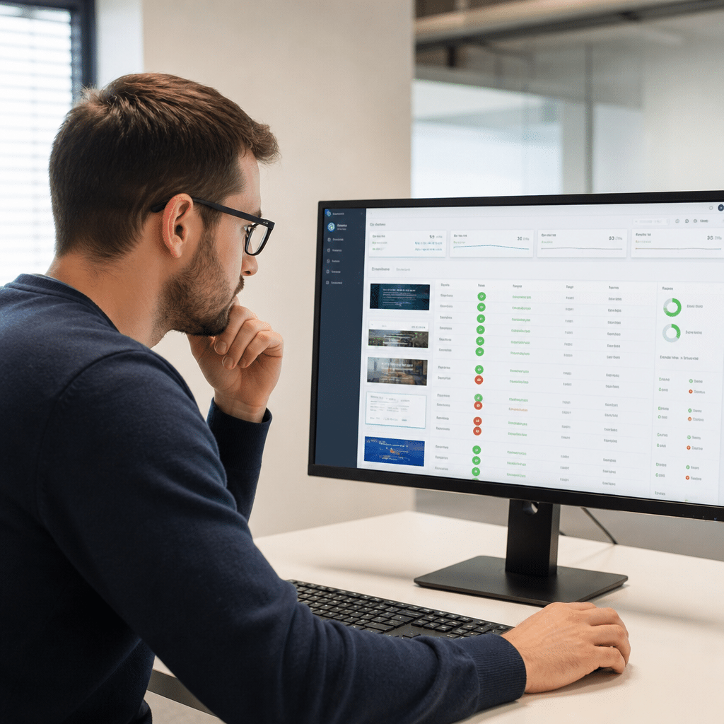 Technicien en bureau de PME vérifiant l'état de plusieurs sites web sur un écran, interface de tableau de bord visible, posture attentive et professionnelle.