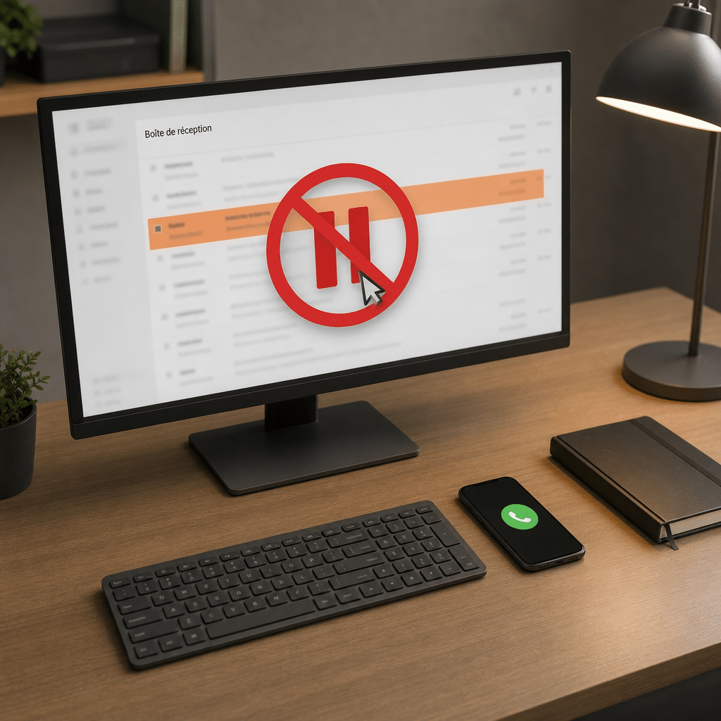 Vue de trois quarts sur un bureau calme. Au centre, un écran affiche une boîte de réception avec un e-mail suspect surligné en orange ; une grande icône de pause rouge est superposée au centre de l'écran, barrée d'un symbole d'interdiction de clic. À droite de l'écran, un smartphone posé à plat affiche une icône de téléphone vert allumé, indiquant un appel de vérification en cours. Sur le bureau, aucun désordre, un carnet fermé posé à côté. Lumière douce de bureau, cadrage légèrement en plongée.