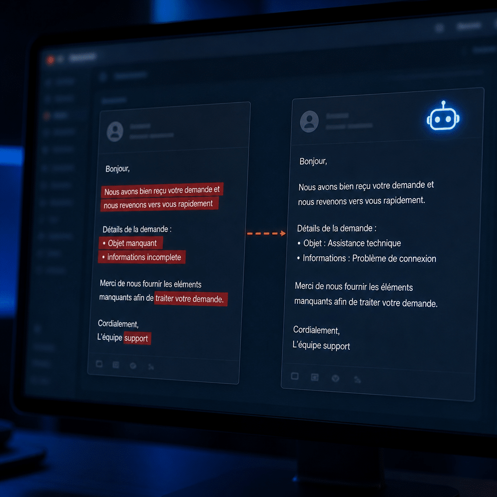 Vue rapprochée d'un écran d'ordinateur dans un bureau sombre. Au centre de l'écran, deux e-mails côte à côte : à gauche, un ancien message avec des blocs de texte rouge signalant des erreurs visibles ; à droite, un message visuellement identique mais au texte parfaitement composé, accompagné d'une petite icône de robot bleu lumineux dans le coin supérieur de l'e-mail. Une ligne pointillée orange relie les deux messages pour montrer l'évolution. Ambiance sombre avec une lumière bleutée émanant de l'écran.