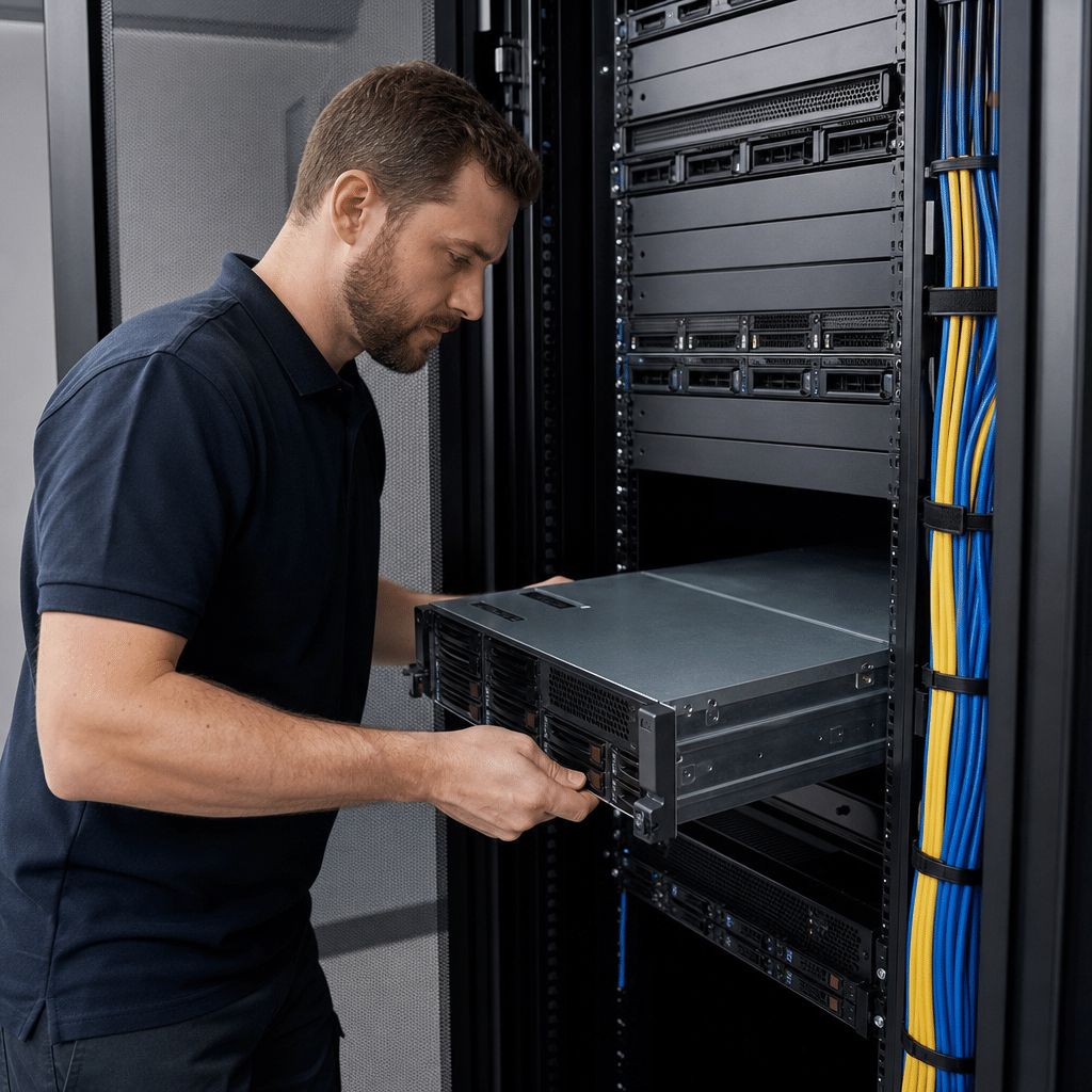 Technicien installant un serveur dans une salle informatique d'une petite entreprise, câbles bien rangés, lumière professionnelle