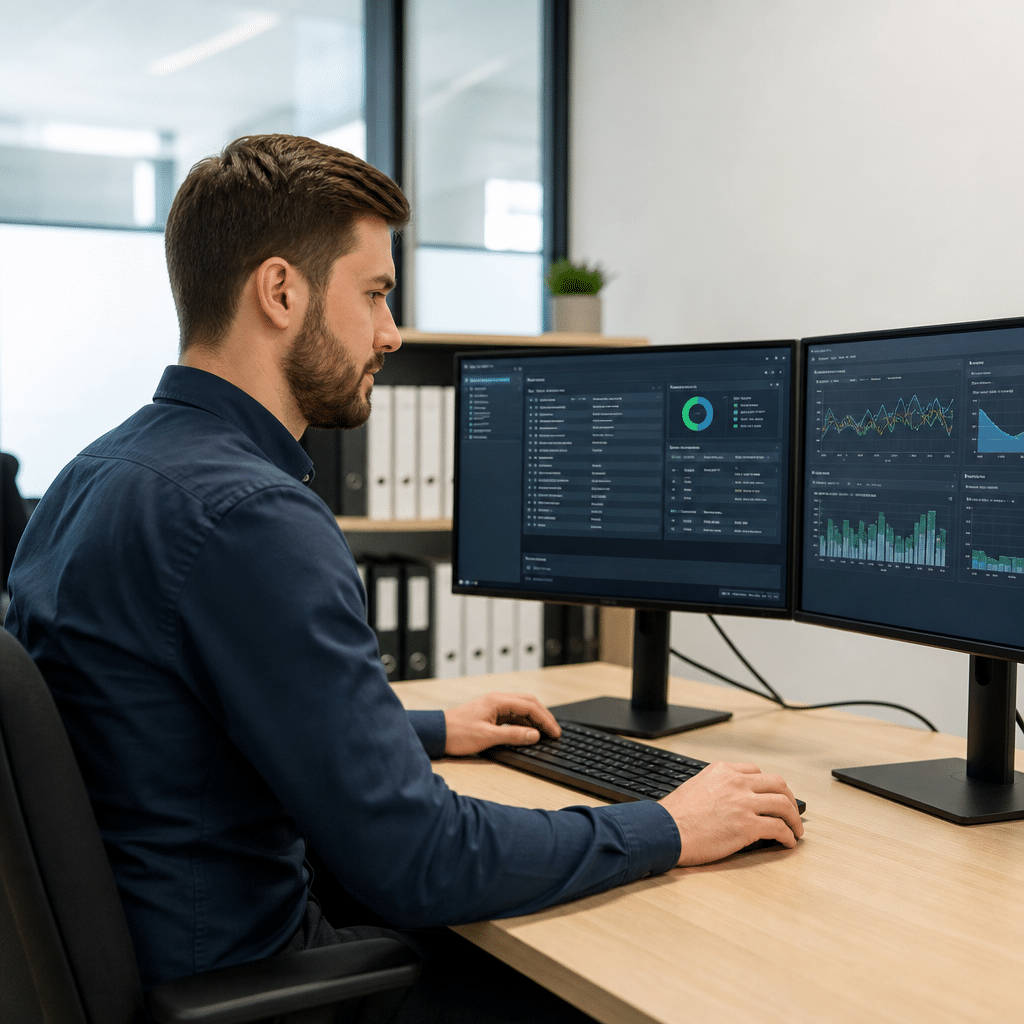 Technicien informatique professionnel assis face à deux écrans dans un bureau de PME, en train d'analyser des données système, environnement de travail soigné et lumineux