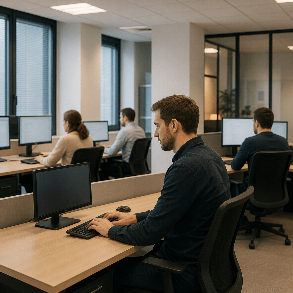 Vue d'ensemble d'un bureau de PME avec plusieurs postes de travail allumés, ambiance professionnelle et calme, sans matériel technique démontré